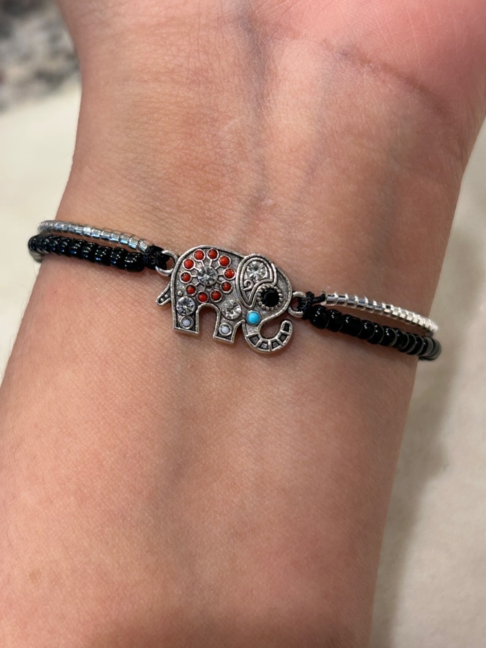 Elephant Beaded Bracelet with Black and Silver Accents